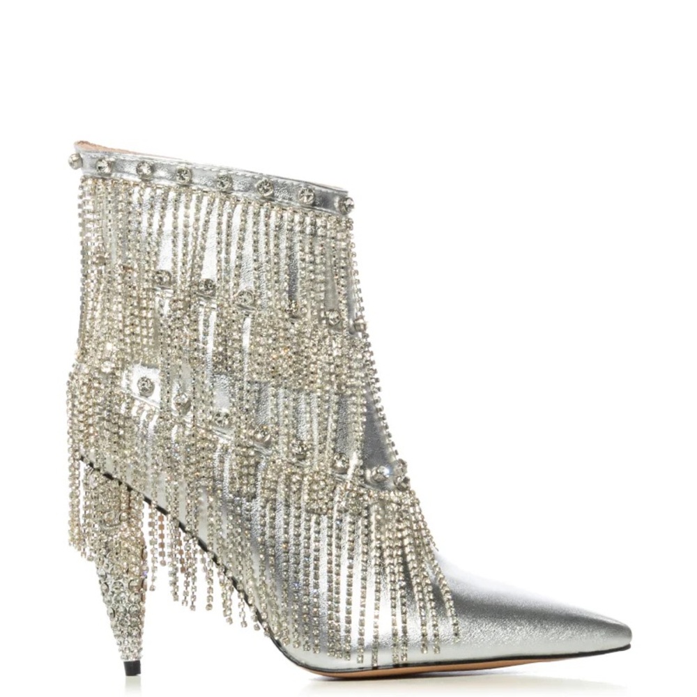 AZALEA WANG Silver Vegan Leather Fringe High Heel Booties - Picture 2 of 8